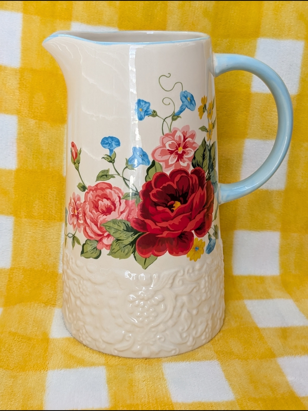 The Pioneer Woman Sweet Rose Ceramic 2.1 Quart Pitcher with Blue Handle